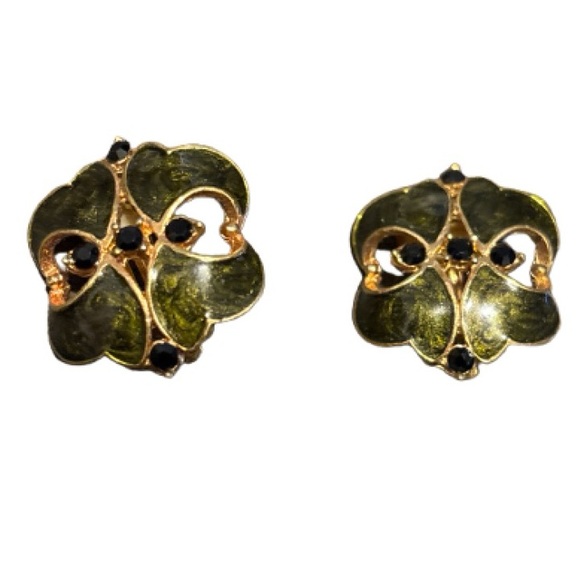 Vintage Gold & Black Enamel Earrings With Rhinestones - Picture 3 of 10